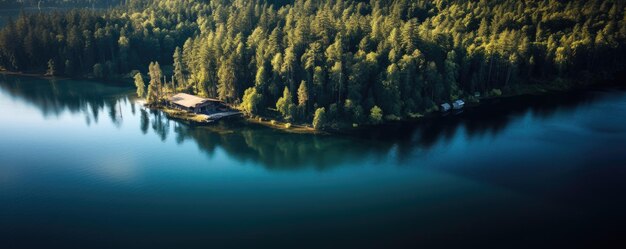 Aerial view of wooden cottage in forest near the lake Generative ai