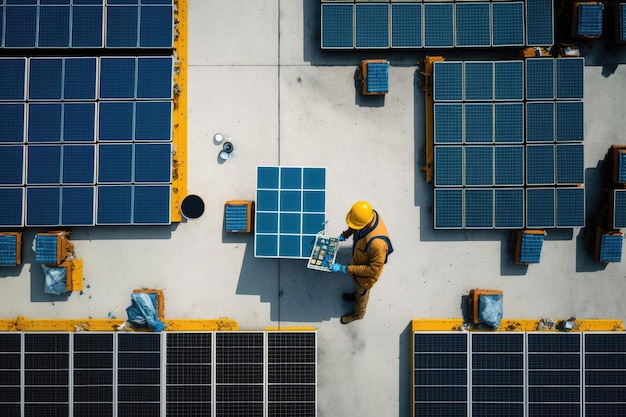 Aerial view of worker installing solar panels