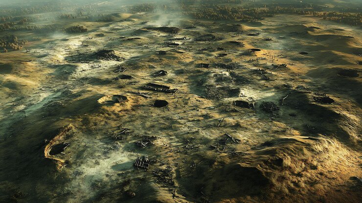 Photo aerial view of world war 1 battlefield trench crater remnant of artillery scattered across landscape