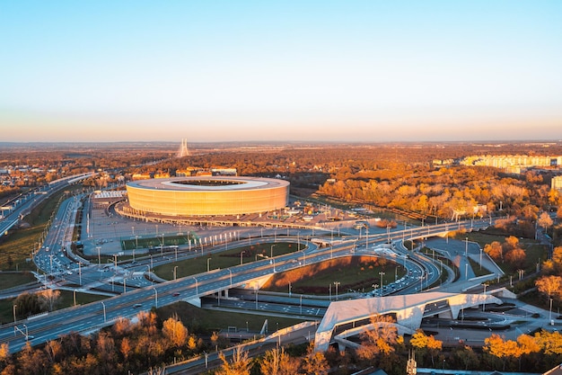 Aerial view of Wroclaw Stadium at sunset in autumn Wroclaw city panorama beautiful autumn landscape Wroclaw Poland