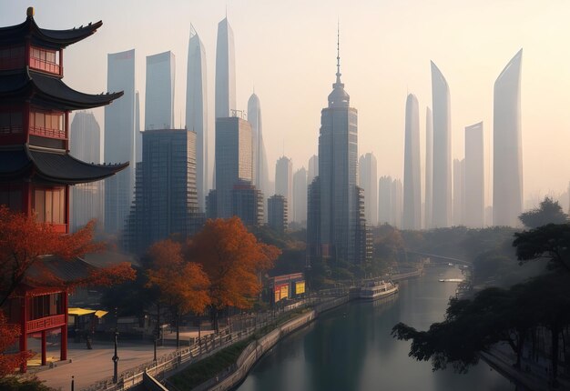 Aerial view of Wuhan city The yellow crane tower located on snake hill in Wuhan is one of the th