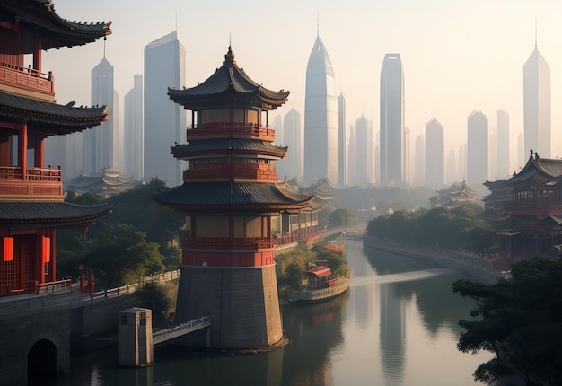 Aerial view of Wuhan city The yellow crane tower located on snake hill in Wuhan is one of the th