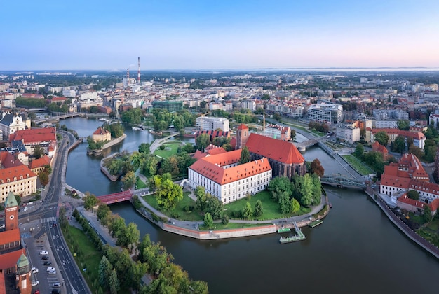 Aerial view of Wyspa Piasek in the Odra river Wroclaw