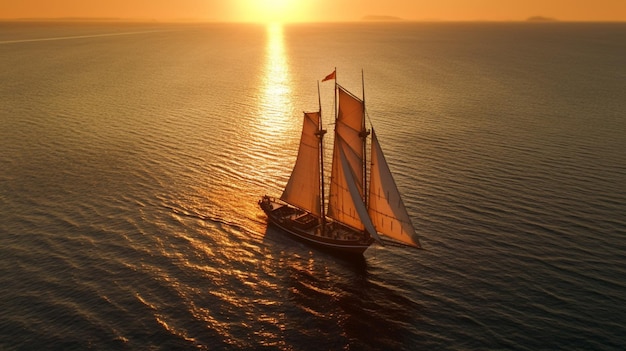 Aerial view of a yacht sailing on the sea at suns