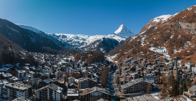 Aerial view of zermatt switzerland with matterhorn peak in winter