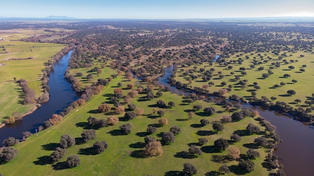 Aerial viewe of two rivers along the countryside