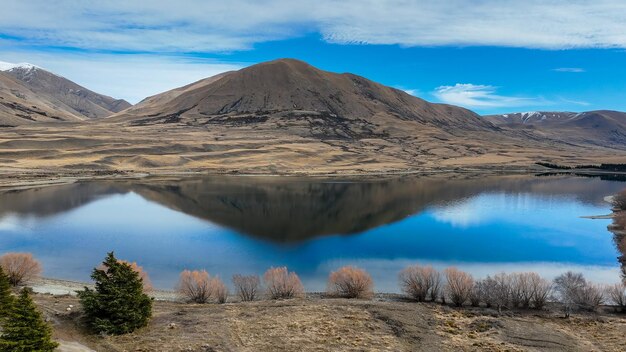 Aerial views of the alpine Lake Camp in NZ South island Ashburton conservation park