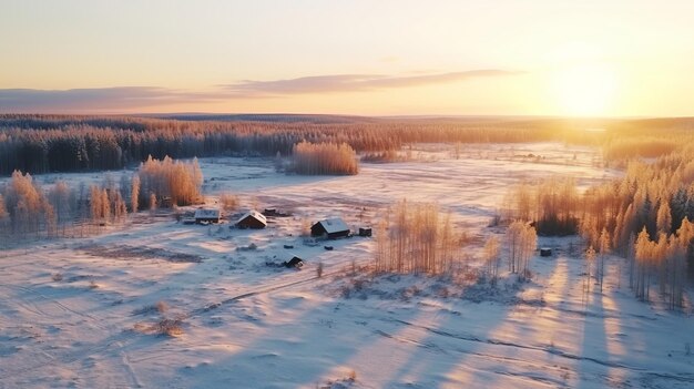 Photo aerial winter landscape cabincore sunset in rural finland