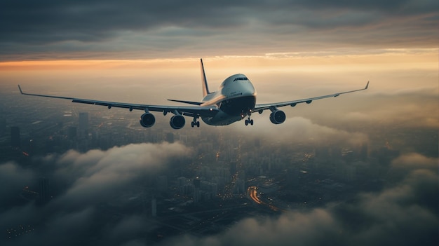 Photo aero plane sunset travel cloud fly transportation business sky flight jet passenger plane