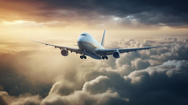 Photo aero plane sunset travel cloud fly transportation business sky flight jet passenger plane