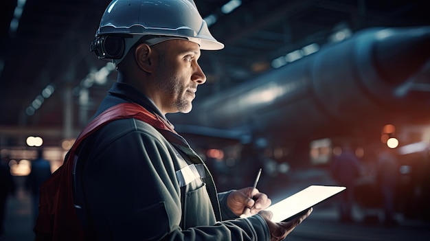 An aero spatial engineer in safety gear uses a tablet for testing