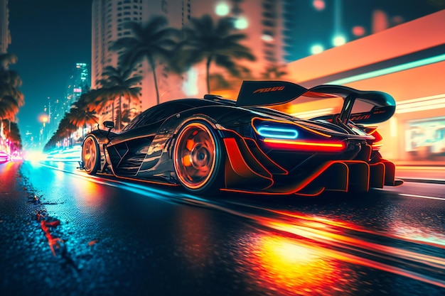 Aerodynamic sports car races through neonlit urban streets at night