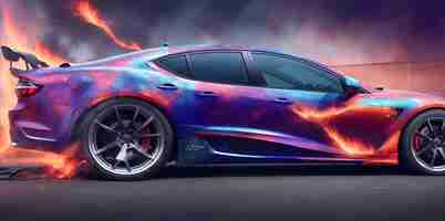 Photo aerography on car side colorful fire image banner generative ai