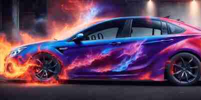 Photo aerography on car side colorful fire image banner generative ai