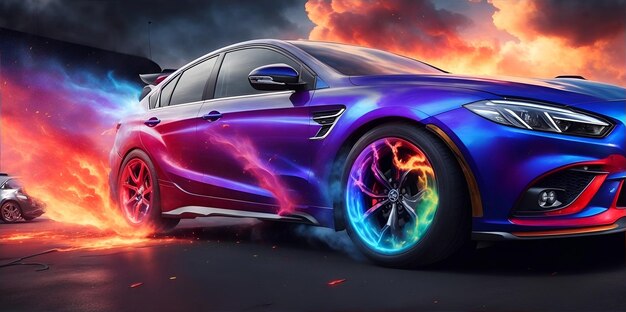 Aerography on car side colorful fire image banner Generative AI