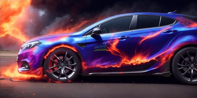 アエログラフィー - 車の側面にカラフルな火のイメージのバナー - ジェネレーティブAI