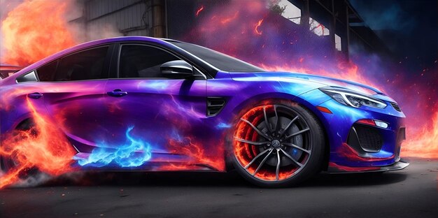 Aerography on car side colorful fire image banner Generative AI