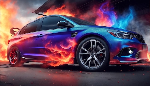 Photo aerography on car side colorful fire image banner generative ai