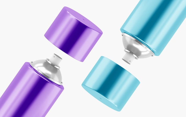 Aerosol bottles with open lids spray cans of purple and blue paint close up mockup of cosmetic packaging Empty colored containers for deodorant or hairspray isolated on white background 3d render