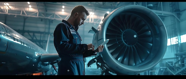 Foto un ingegnere aerospaziale ispeziona e scrive su un tablet in piedi accanto a un colossale motore a reazione all'interno di un hangar per aerei