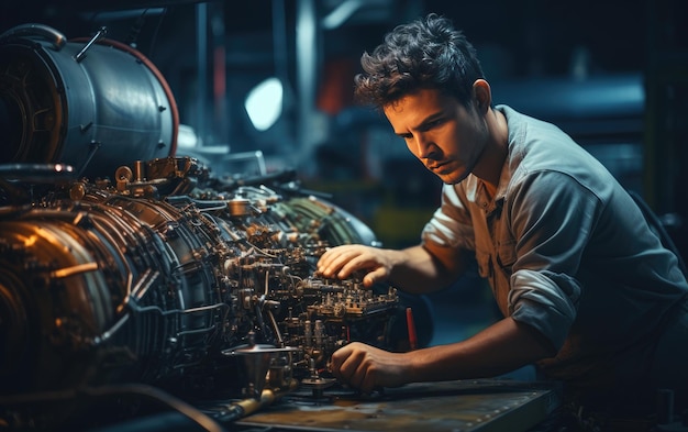 Aerospace Engineer Precision Inspecting and Restoring Powerful Jet Engine