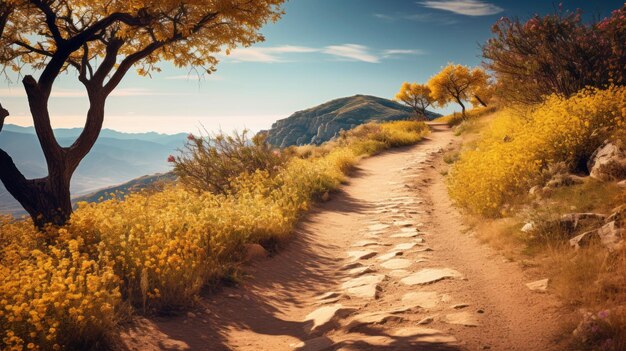 写真 黄色い花と秋の草を通る美学的な冒険の道