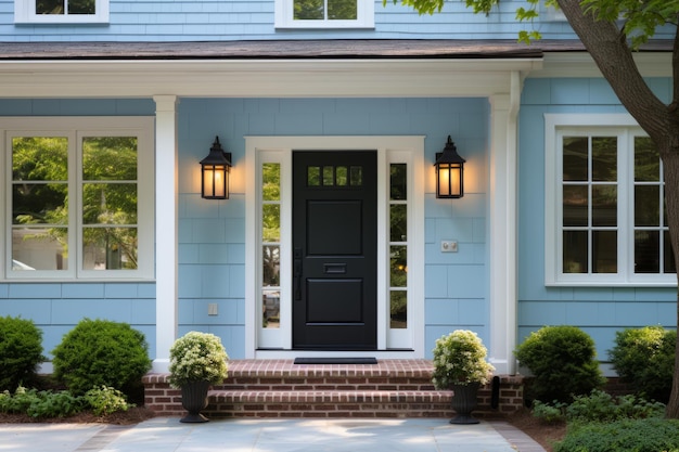 Photo aesthetic appeal enhancing your entryway with a chic blue front door exquisite light fixtures and