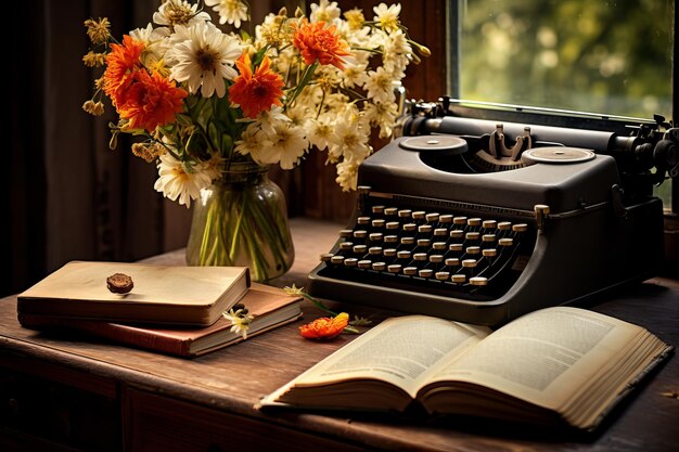 Эстетические приспособления Винтажная пишущая машина Камера Цветы и книги украшают деревянный стол