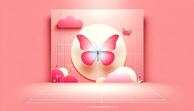 白いテンプレートに単純なミニマリストの蝶を隔離した美学的な芸術的なピンクの背景