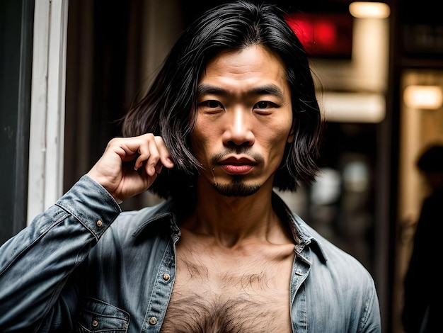 Эстетический портрет азиатского мужчины с волосатой грудью и джинсовой рубашкой, смотрящего в камеру с длинными волосами