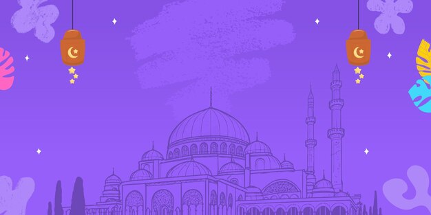 Aesthetic backdrop for Ramadan featuring a mosque and hanging lanterns