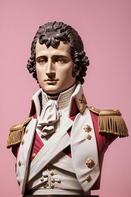 Aesthetic background of napoleon bonaparte stone bust isolated on pink background