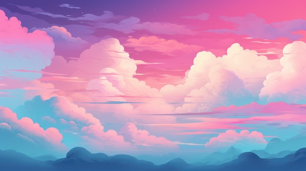 아름다운 칠색 하늘과 분홍색 구름과 함께 미학적 배경 인 AI 생성 이미지