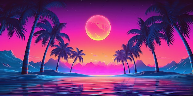 Эстетические пляжные обои synthwave retrowave с крутым и ярким неоновым дизайном