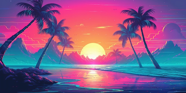 Эстетические пляжные обои synthwave retrowave с крутым и ярким неоновым дизайном