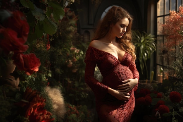 Эстетический красивый портрет беременной девушки, ожидающей рождения ребенка, красивое платье и цветной дизайн, эстетический фон, материнская любовь