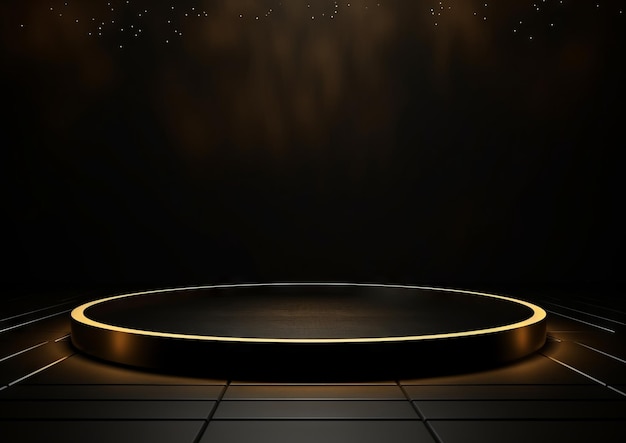 Aesthetic black gold circle podium stage background for product display with neon light