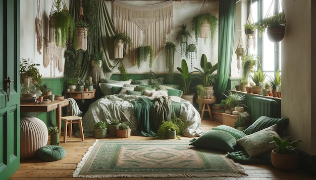 Aesthetic Bohemian Bedroom in Lush Green Tones