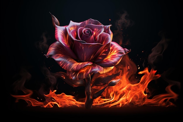 Photo aesthetic burning rose flower realistic flame effect on dark background