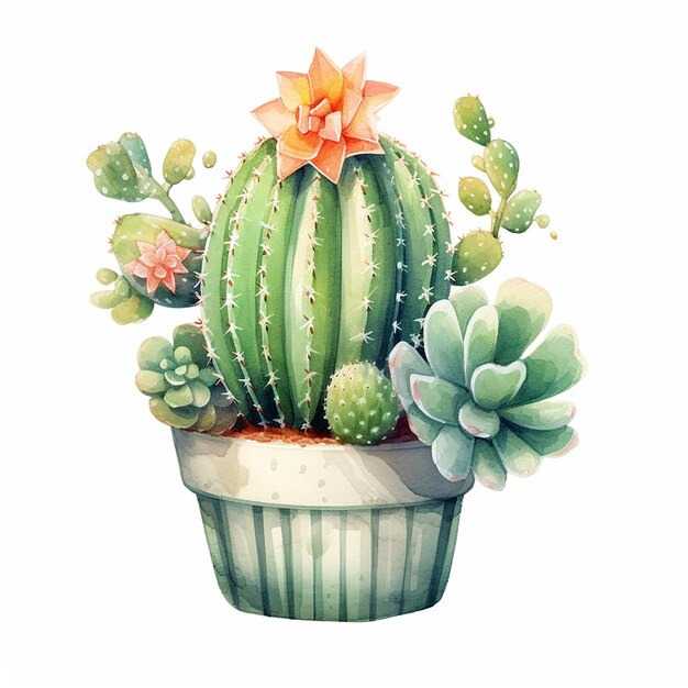 Premium Photo Aesthetic Cactus plant on watercolor Illustration