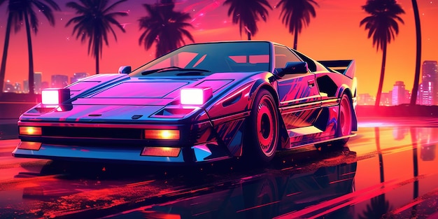 Aesthetic car synthwave wallpaper with a cool and vibrant neon design