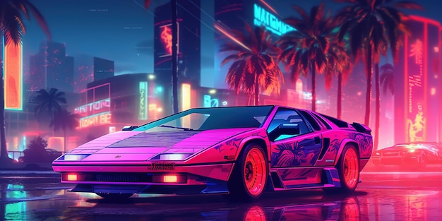 Foto carta da parati estetica synthwave per auto con un design al neon fresco e vivace