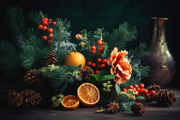 aesthetic christmas flower arrangement with dark background Generative AI