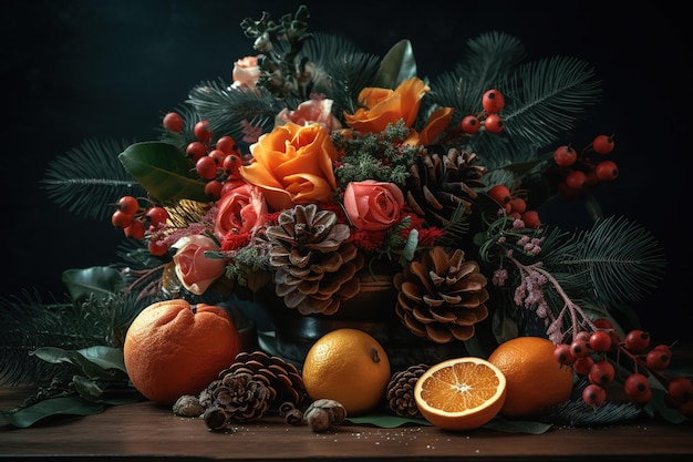 эстетическая рождественская цветочная композиция на темном фоне Generative AI