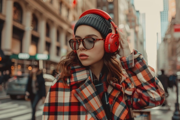 Foto prossimo piano estetico di un'icona della gen z che indossa un cappotto a scacchi