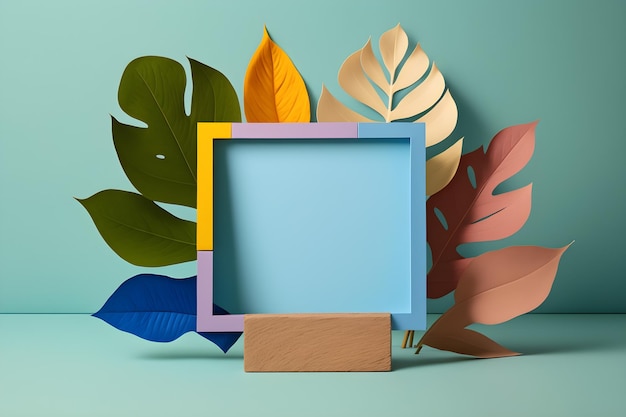 Aesthetic color pastel display product with plastic leaf advertisement mockup generative ai