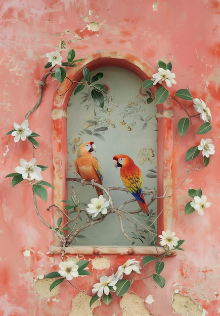 Aesthetic Composition of Birds in a Victorian Era Illustration with Florals and Arch