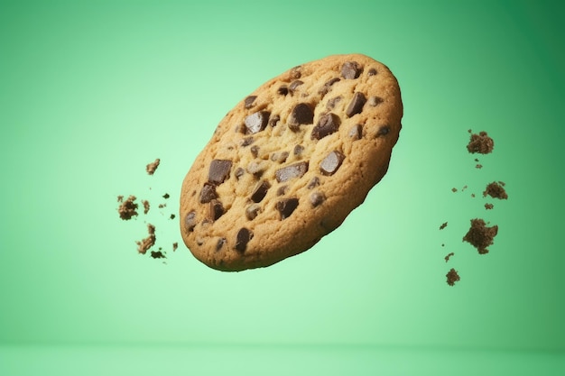 Aesthetic concept of chocolate biscuits flying on green background