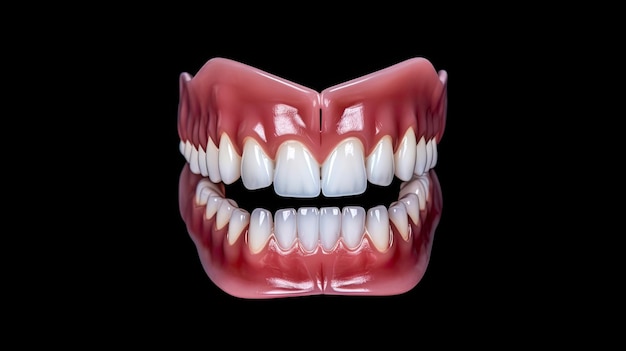 Эстетическая стоматология зубного протеза. Вид спереди полного зубного протеза изолировать на черном фоне. Генеративный ИИ.