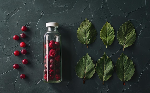 Aesthetic display of fresh red berries in a glass bottle decorated with green leaves isolated on a white background